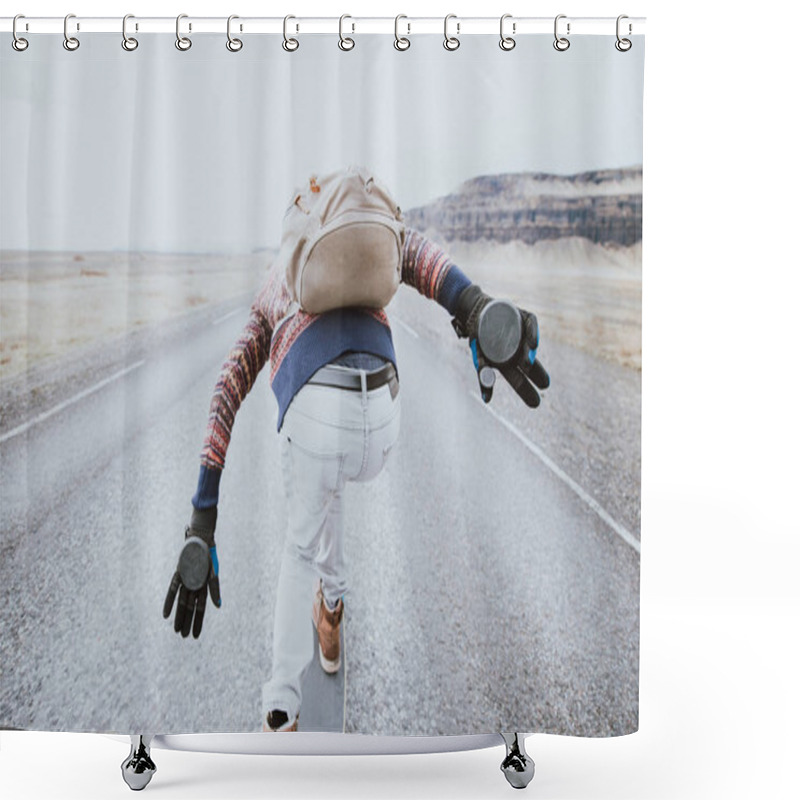 Personality  Skater Traveling Iceland On His Longboard Shower Curtains