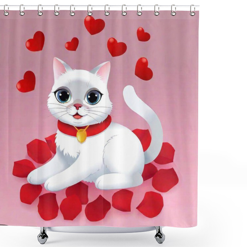 Personality  White Cat With Red Hearts Shower Curtains