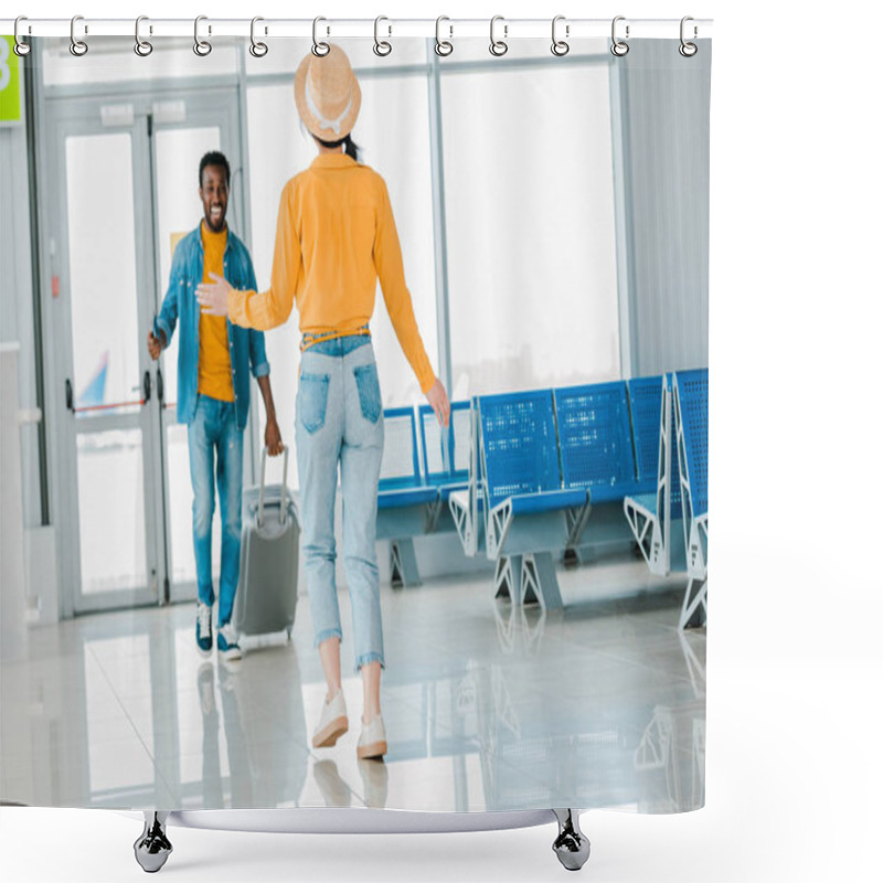 Personality  Selective Focus Of Happy African American Man With Suitcase Walking Towards Girlfriend In Airport Shower Curtains