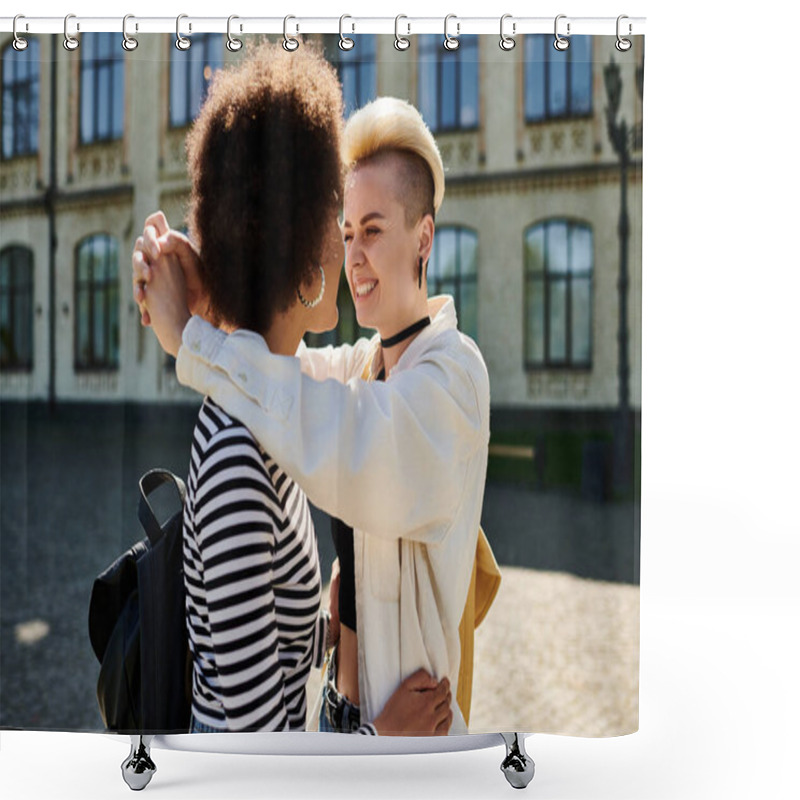 Personality  Two Young Women From Diverse Backgrounds Embrace Warmly In Front Of A Historic Building, Showcasing Love Shower Curtains