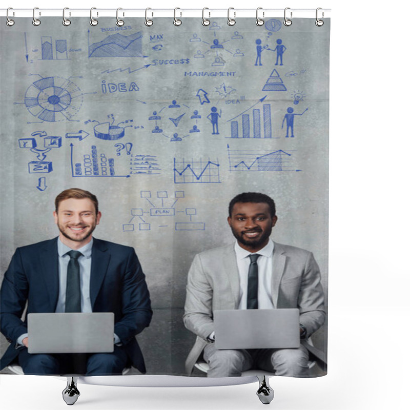 Personality  Smiling Multiethnic Businessmen Looking At Camera And Using Laptops In Waiting Hall With Business Development Illustration On Wall Shower Curtains