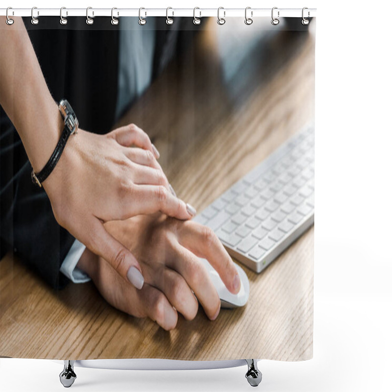 Personality  Cropped Shot Of Businesswoman Holding Colleagues Hand While Flirting Shower Curtains