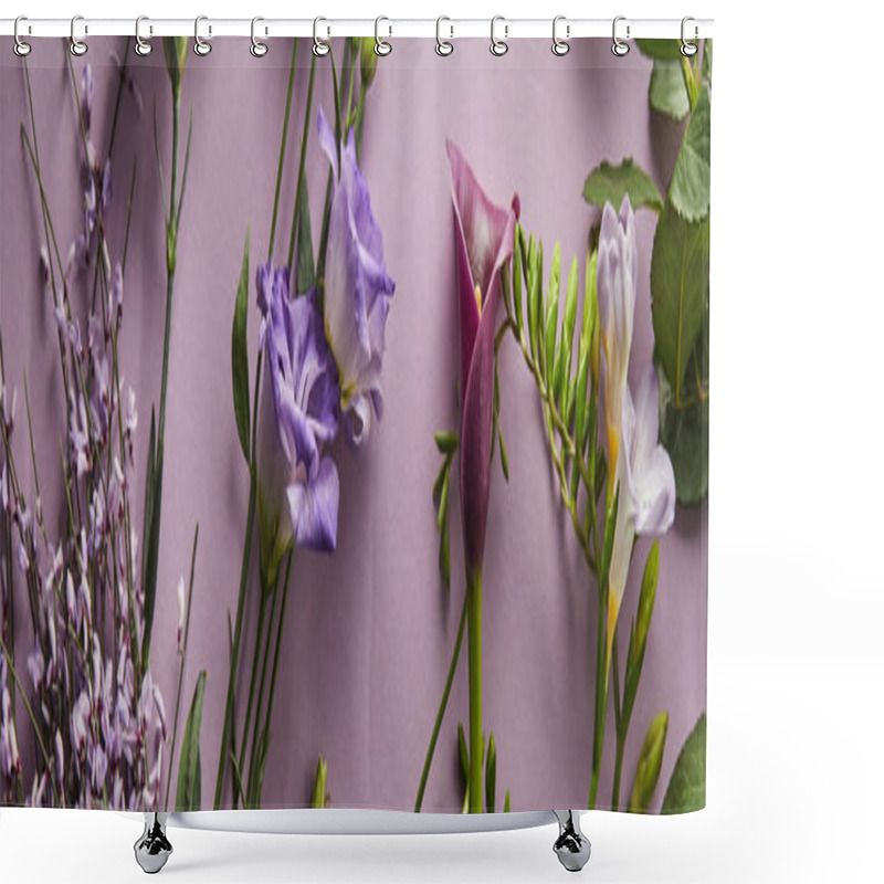 Personality  Top View Of Beautiful Flowers On Violet Background, Panoramic Shot Shower Curtains