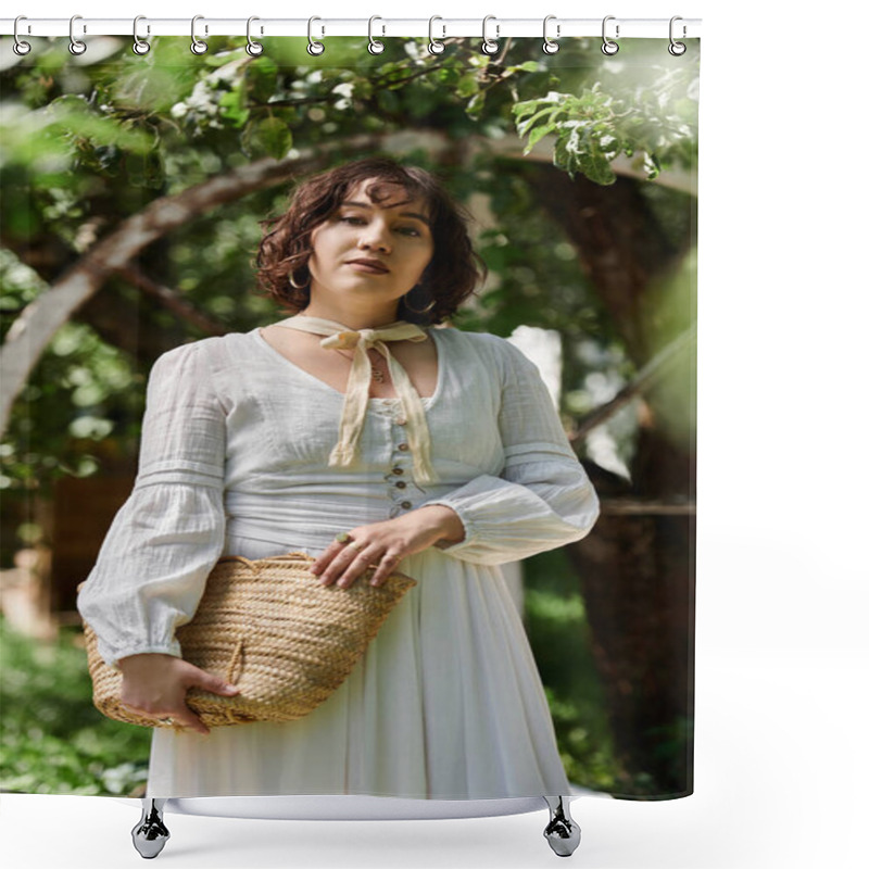 Personality  A Young Woman In A White Dress And Straw Hat Enjoys A Summer Day In A Garden. Shower Curtains