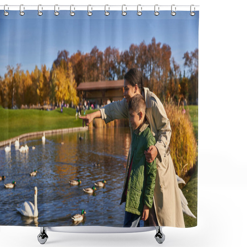 Personality  Bonding, Happy African American Woman Pointing With Finger At Swans In Pond, Mother And Son, Smile Shower Curtains