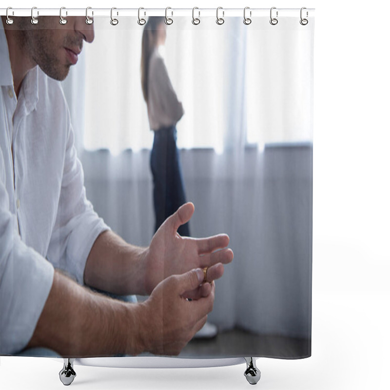 Personality  Partial View Of Man Taking Off Ring And Woman Standing Near Window Shower Curtains