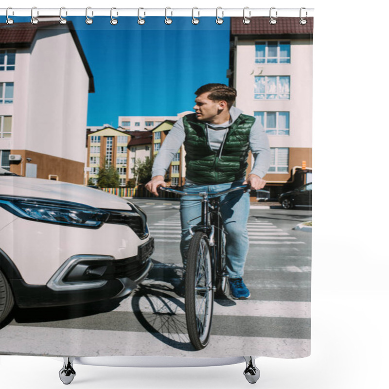 Personality  Man On Bicycle Crossing Road While Driver In Car Waiting  Shower Curtains