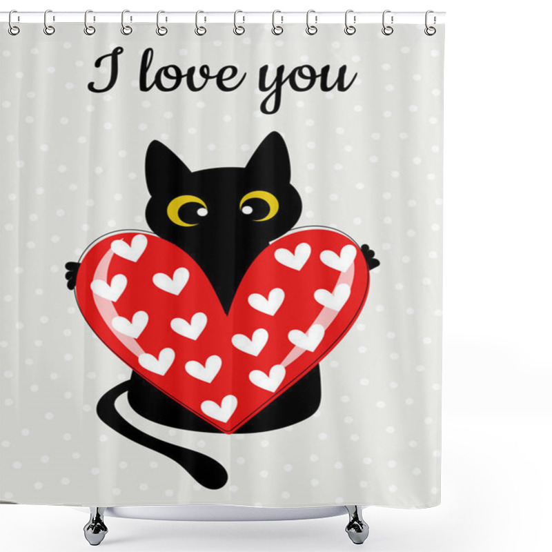 Personality  Black Cat And Red Heart On A Gray Background With Polka Dots. Winter Holiday Card For Valentine's Day. Printing Illustrations On Cups, Textiles, Clothing, Gliders. Vector Graphics. Shower Curtains