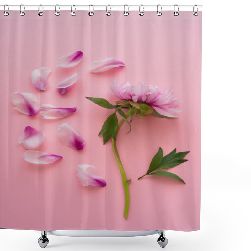 Personality  Top View Of Pink Peony And Petals Scattered On Pink Background Shower Curtains