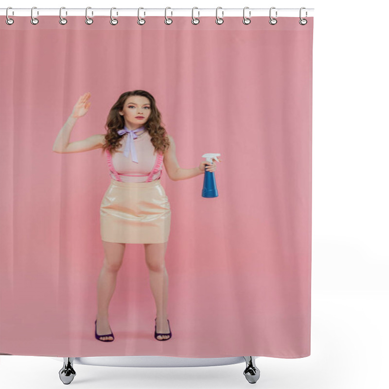 Personality  Concept Photography, Housekeeping, Young Woman With Wavy Hair Pretending To Be A Doll And Doing House Cleaning, Gesturing And Standing On Pink Background, Housewife With Spray Bottle  Shower Curtains