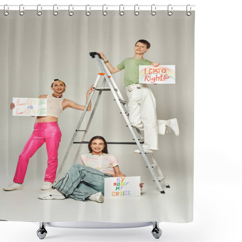 Personality  Full Length Of Happy Lgbt Friends Holding Placards With Love Is Love, My Body My Choice And Lgbtq Rights Lettering Near Ladder On Grey Background, Pride Month Concept  Shower Curtains