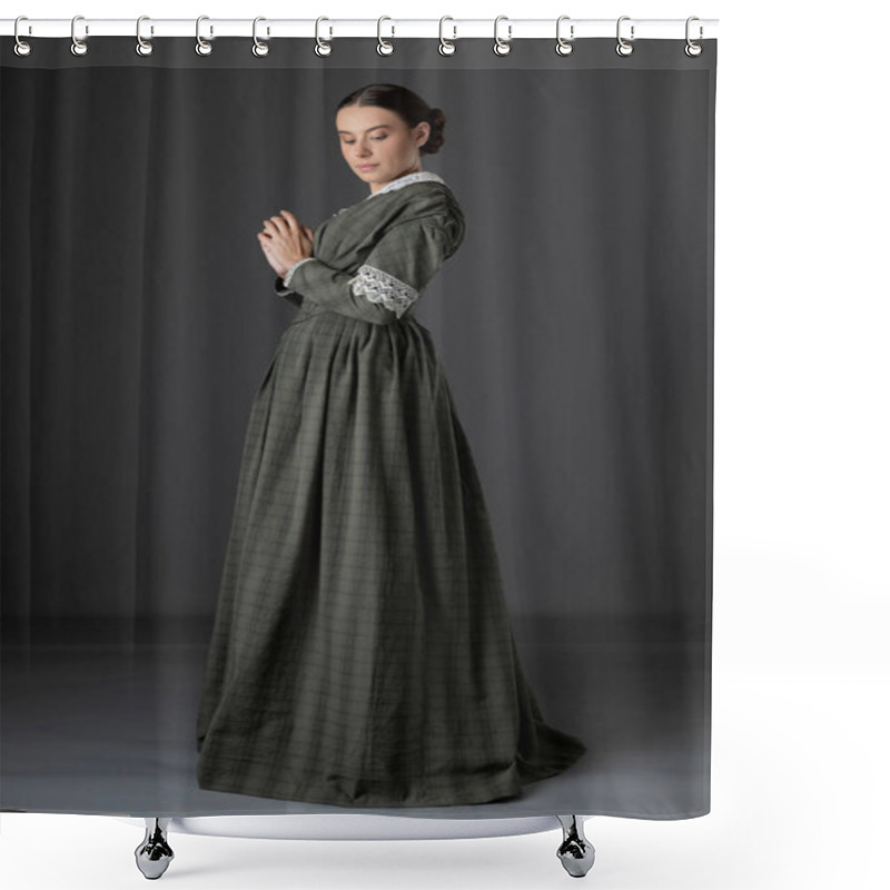 Personality  A Working Class Victorian Woman Wearing A Dark Green Checked Bodice And Skirt With A Lace Collar And Standing Against A Grey Studio Backdrop Shower Curtains