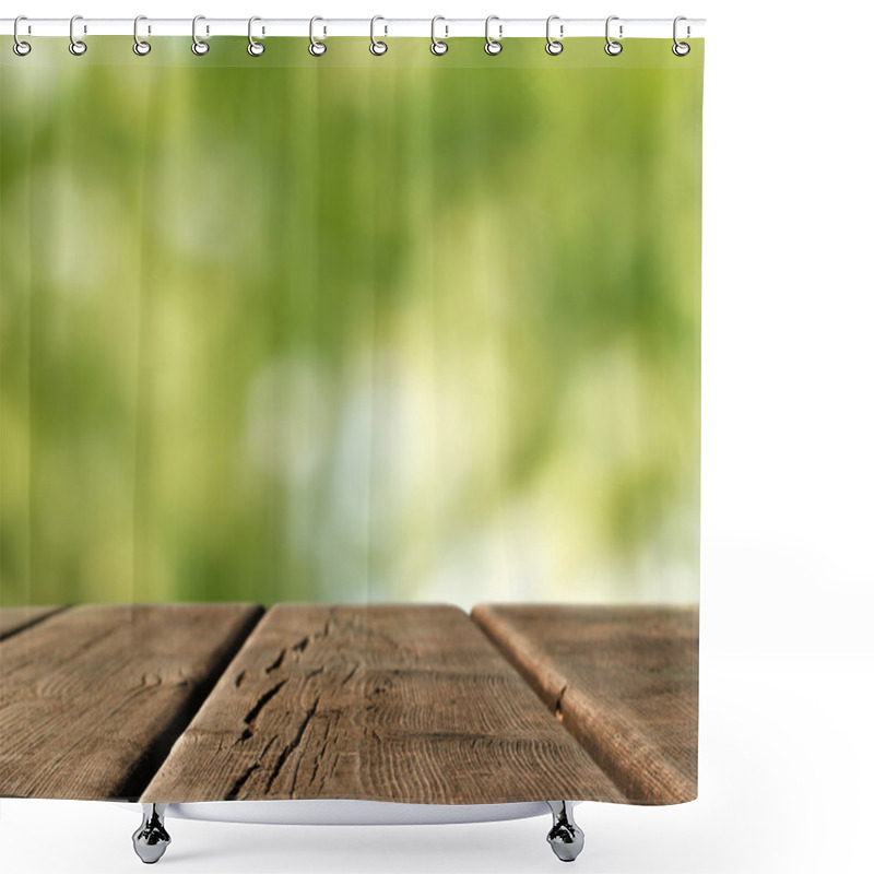 Personality  Wooden Table Top In A Blurred Country Landscape Shower Curtains