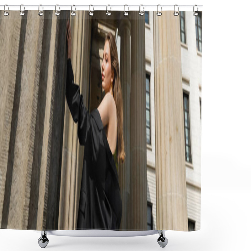 Personality  Elegant Young Woman In Silk Dress Holding Black Jacket And Standing In Berlin, Banner Shower Curtains