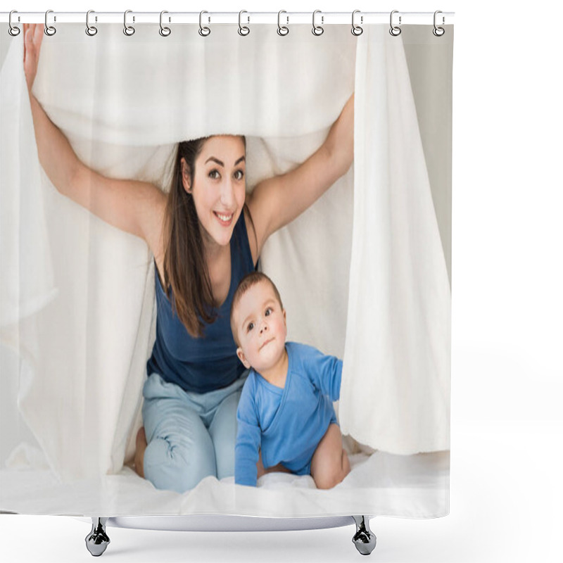 Personality  Mother With Her Son Playing Under Blanket  Shower Curtains