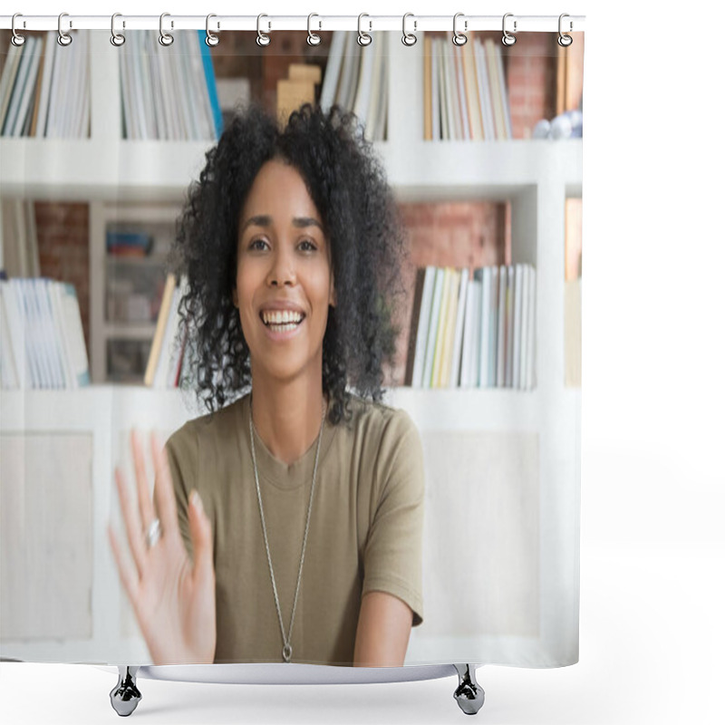 Personality  Smiling Black Woman Waving Talking On Webcam Shower Curtains