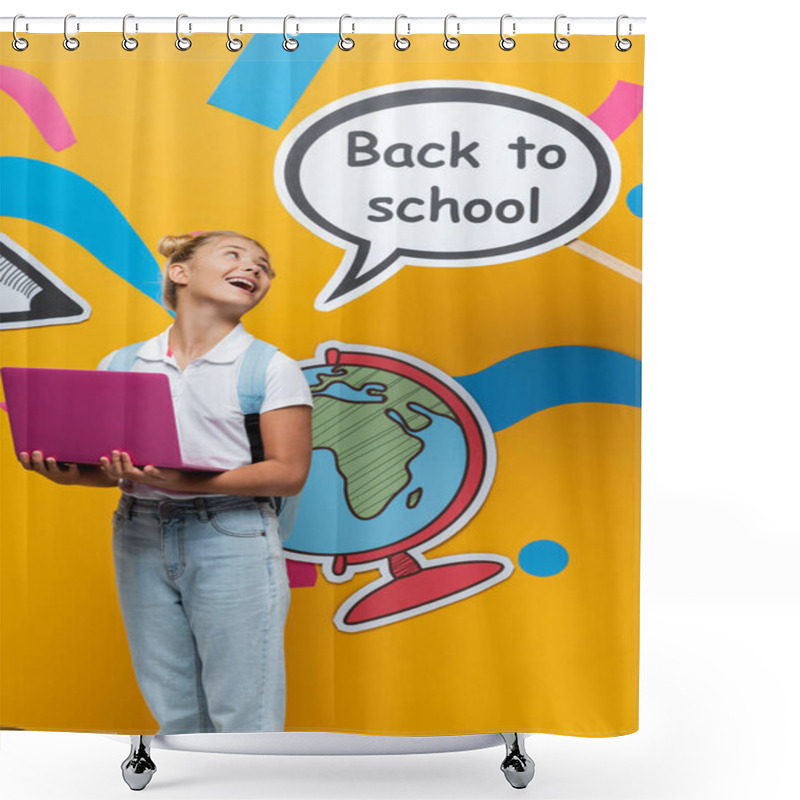 Personality  Schoolchild With Laptop Looking At Speech Bubble With Back To School Lettering And Paper Art On Yellow Background Shower Curtains