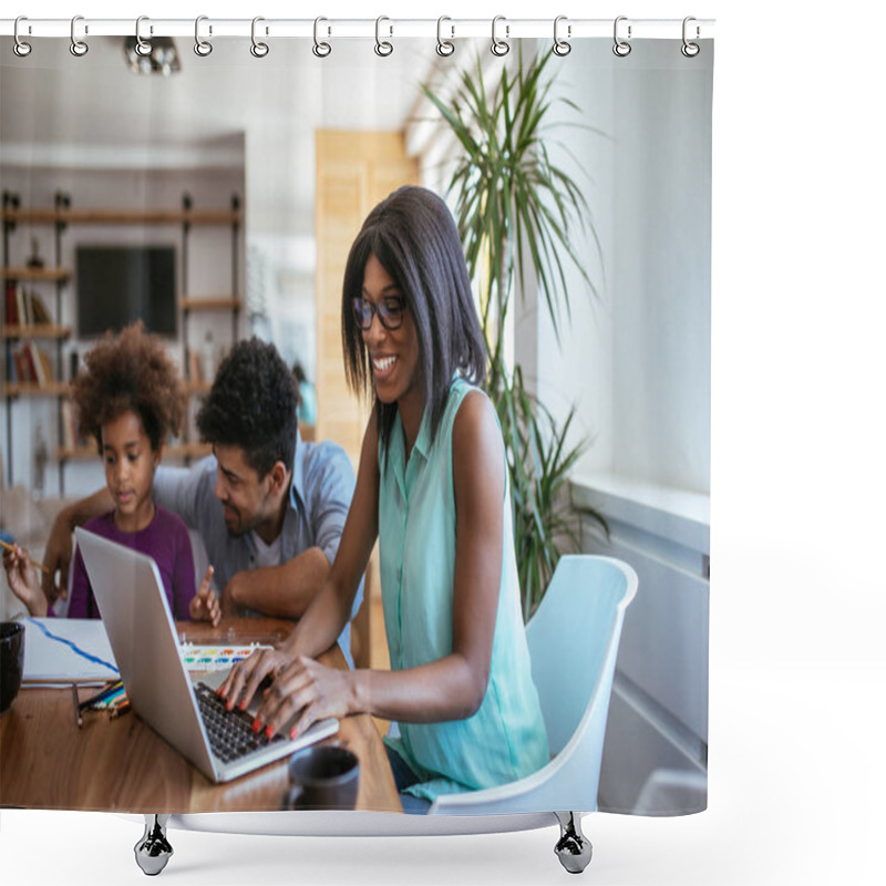 Personality  Happy Family Working And Having Fun At Home. Shower Curtains