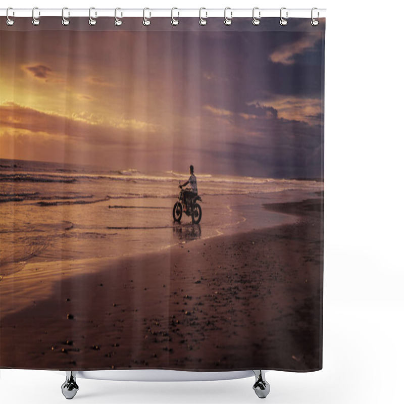 Personality  Man Riding Motorbike Into Ocean During Sunrise Shower Curtains