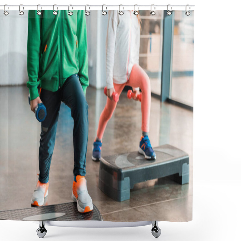 Personality  Cropped View Of Children Holding Dumbbells And Working Out On Step Platforms Shower Curtains