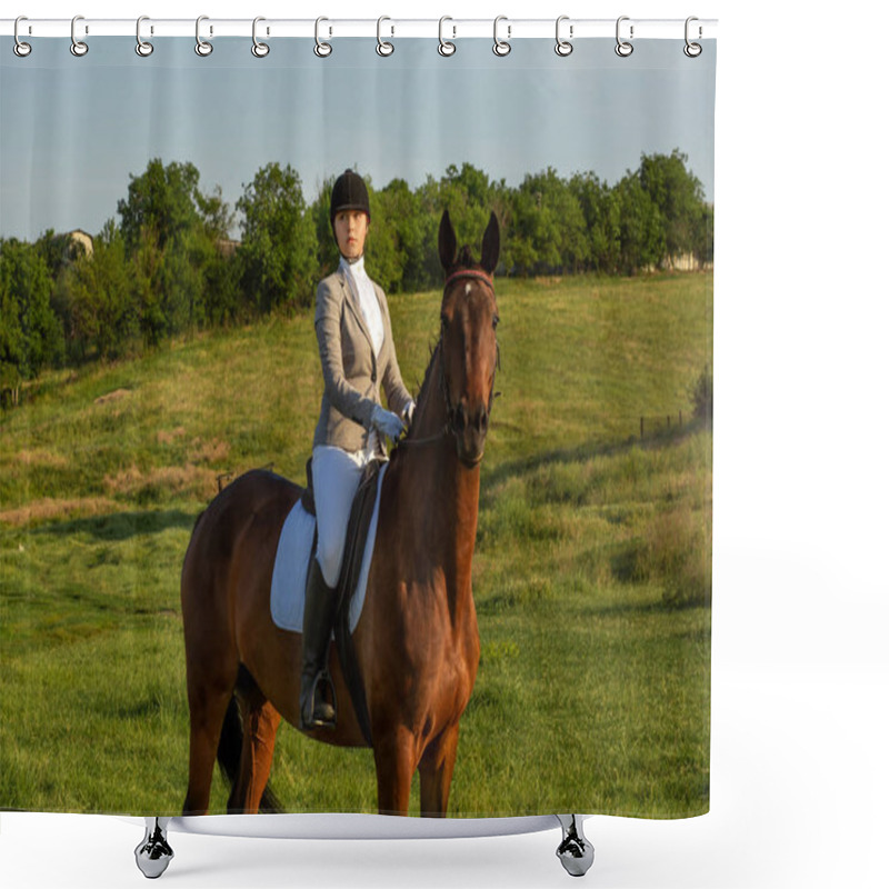 Personality  Young Woman Riding A Horse On The Green Field Shower Curtains