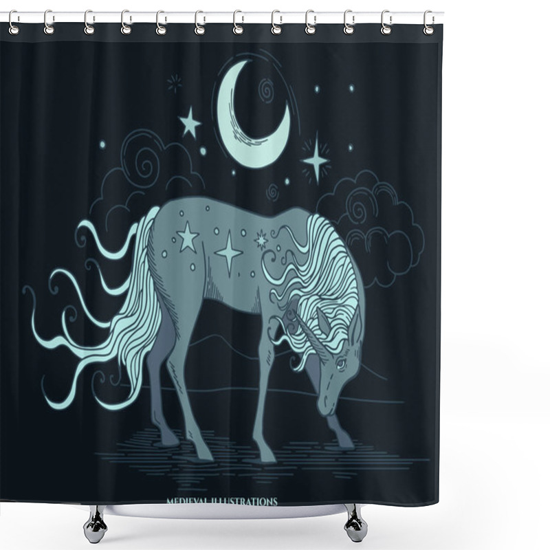 Personality  Medieval Style Illustration, Fantasy, Unicorn, Blue, Gravure Style, Dark Night Shower Curtains