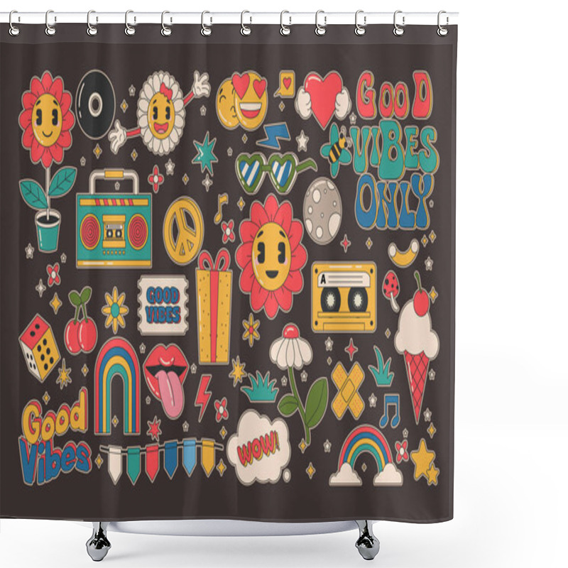 Personality  Collection Of Cartoon Groovy Stickers 70s With Hippie Style Shower Curtains