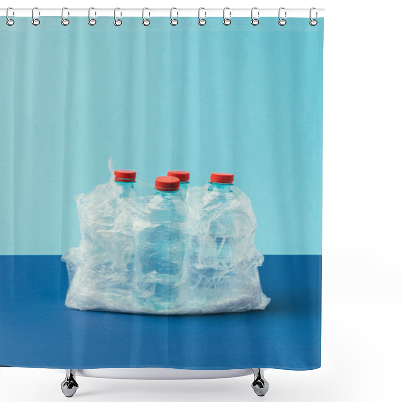 Personality  Close Up View Of Plastic Bottles In Plastic Bag On Blue Background, Recycle Concept Shower Curtains