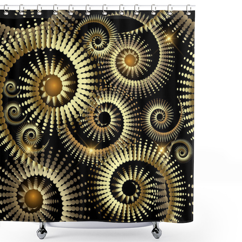 Personality  Gold Luxury 3d Abstract Vector Seamless Pattern. Ornamental Spiral Shapes Shiny Background. Halftone Line Art Tracery Surface Dotted Ornament. Textured Geometric Repeat Backdrop. Modern Spirals Design Shower Curtains