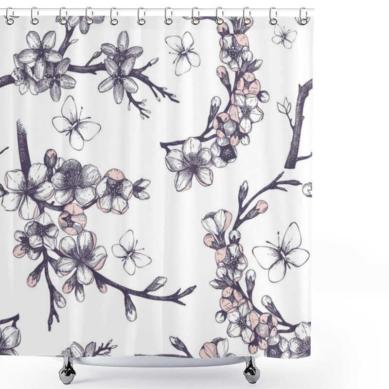 Personality  Seamless Pattern With Blooming Tree Twigs Shower Curtains