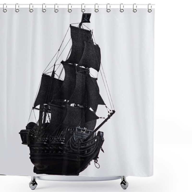 Personality  Black Pirate Ship Of The Eighteenth Century With Guns On White Background Shower Curtains