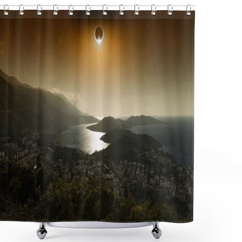 Personality  Total Solar Eclipse In Dark Red Glowing Sky Above Seaside City Shower Curtains