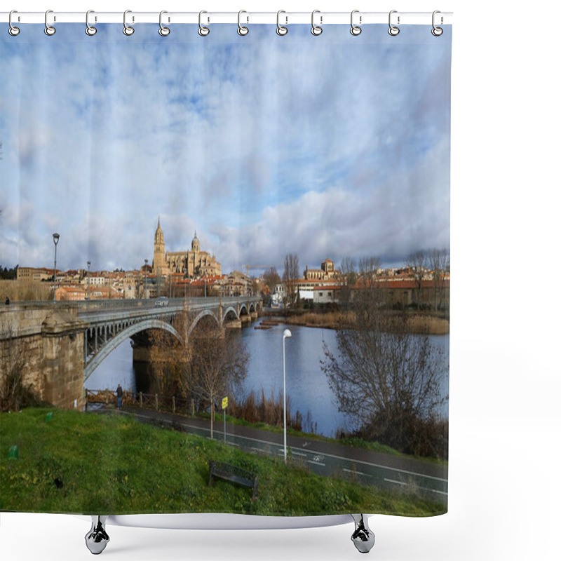 Personality  Salamanca. View Of Salamanca And The Enrique Estevan Bridge From The Dock Viewing Point Over The Tormes River. Traditional Stone Buildings. Salamanca Cathedral. SALAMANCA, SPAIN. 13 JANUARY 2025. Shower Curtains