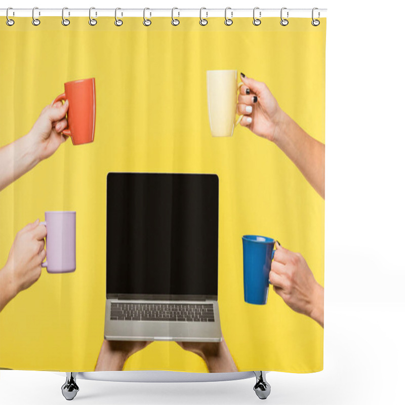 Personality  Cropped Shot Of Hands Holding Cups And Laptop With Blank Screen Isolated On Yellow  Shower Curtains