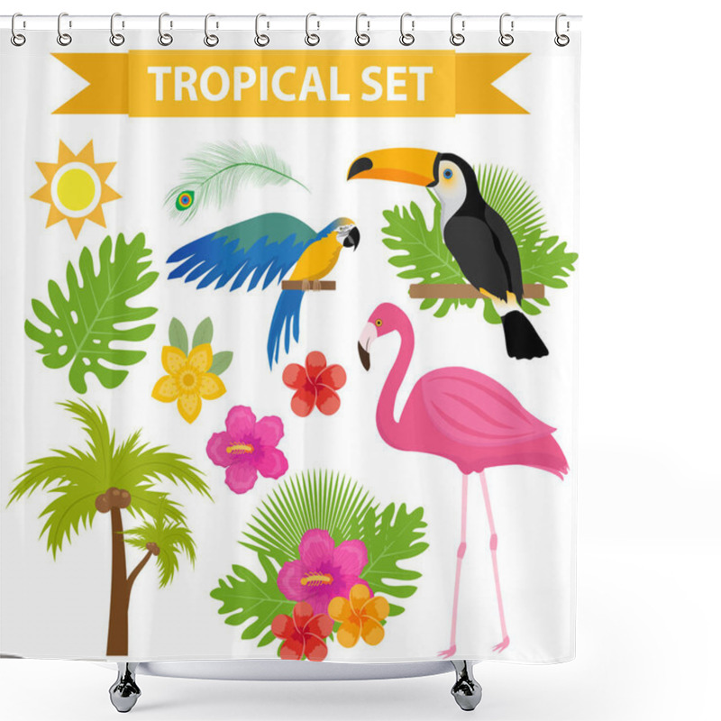 Personality  Tropical Icon Set With Birds And Flowers, Flat, Cartoon Style. Exotic Collection Of Design Elements With Toucan, Parrot, Plant, Flamingo, Flower. Paradise Objects. Vector Illustration. Shower Curtains