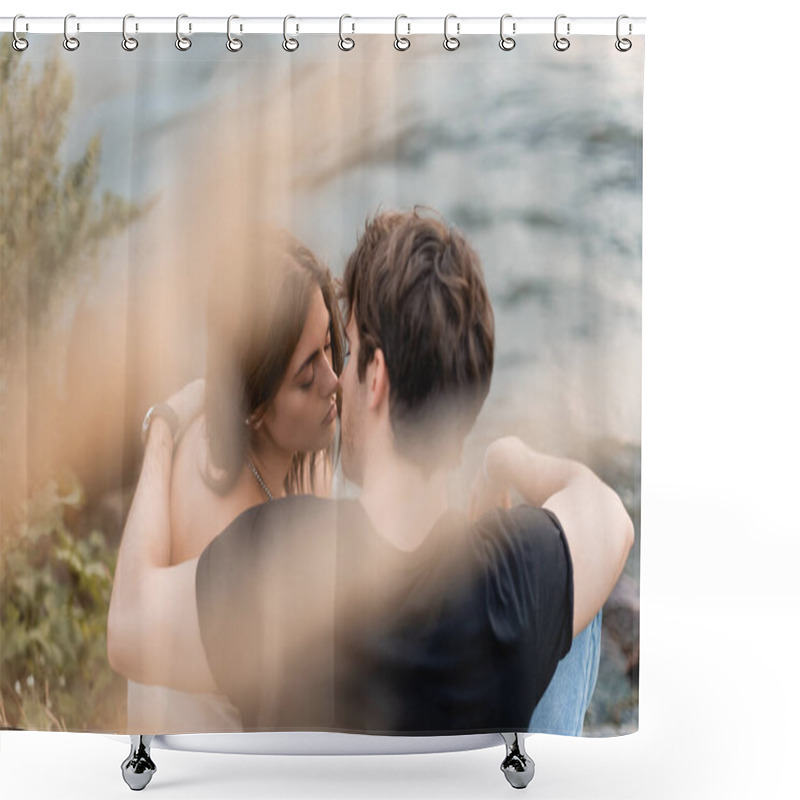 Personality  Selective Focus Of Young Man Embracing And Kissing Girlfriend Near Sea  Shower Curtains