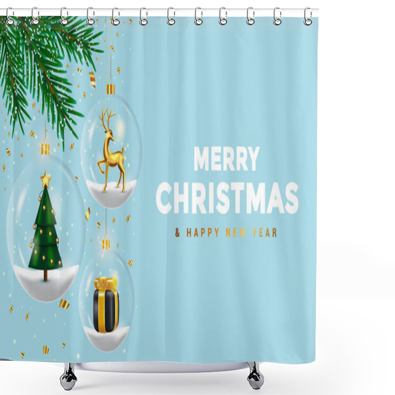 Personality  Christmas Transparent Balls With Fir Tree, Deer And Gift Box Inside On The Snow, Conffeti Are Falling. Holiday Xmas Background. Vector 3d Illustration Shower Curtains