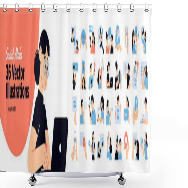 Personality  Set Of Social Media People Illustrations. Flat Design Vector Illustrations Of Social Network, Digital Marketing, Online Communication, Internet Services.  Shower Curtains