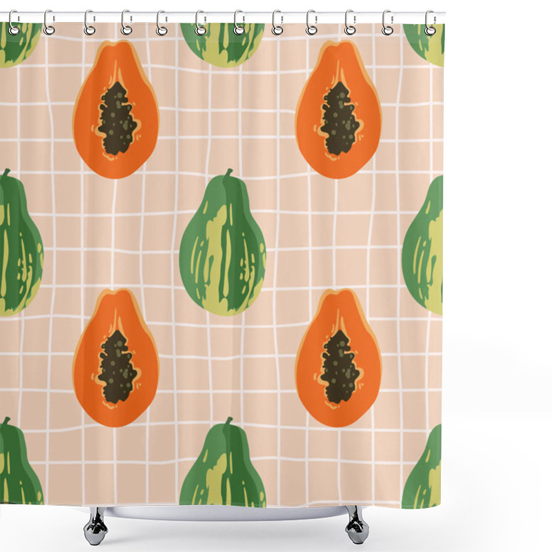 Personality  Vector Seamless Summer Pattern With Papayas On Retro Geometry Background. Shower Curtains