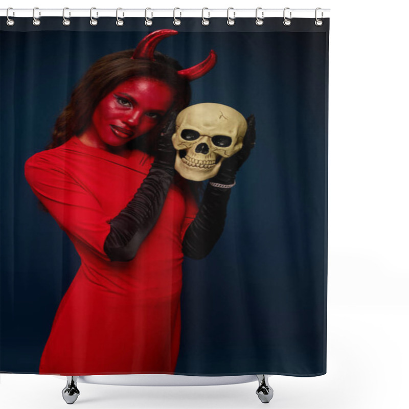 Personality  A Beautiful Woman Dressed As A Devil Holds A Skull, Capturing The Halloween Spirit Beautifully. Shower Curtains