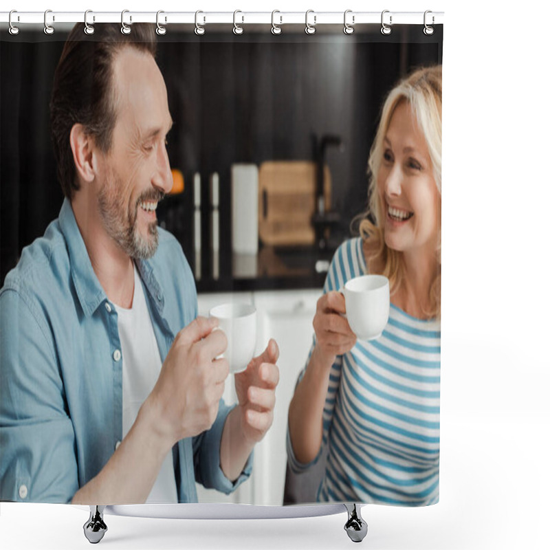 Personality  Beautiful Smiling Woman Holding Cup Of Coffee Near Husband In Kitchen  Shower Curtains