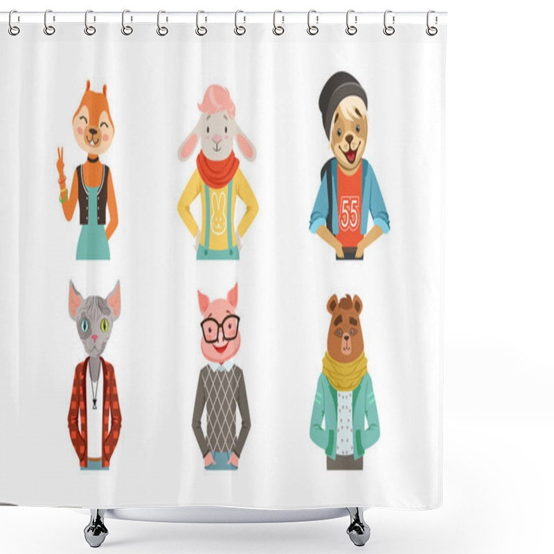 Personality  People With Animal Heads Vector Set. Mammal Characters Wearing Trendy Clothes Shower Curtains