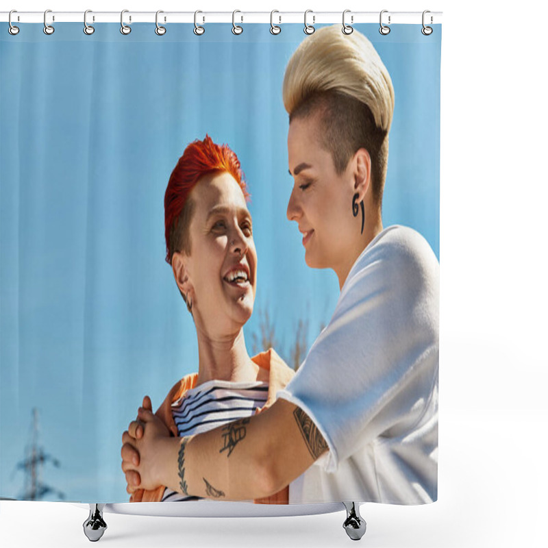 Personality  A Young Lesbian Couple Proudly Standing Side By Side With A Rainbow Flag, Celebrating Love And Pride. Shower Curtains