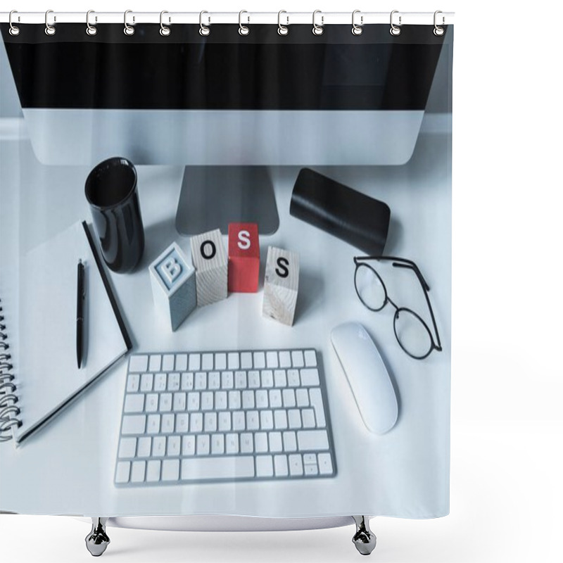 Personality  Working Table With Wooden Cubes With Word Boss Shower Curtains