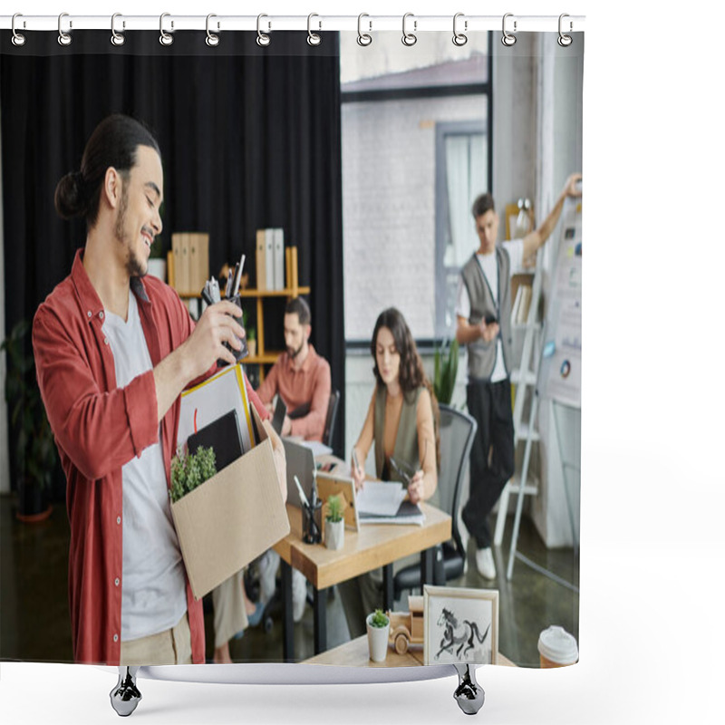 Personality  Friendly Colleagues Share A Moment Amid The Layoff Process In A Modern Workspace. Shower Curtains