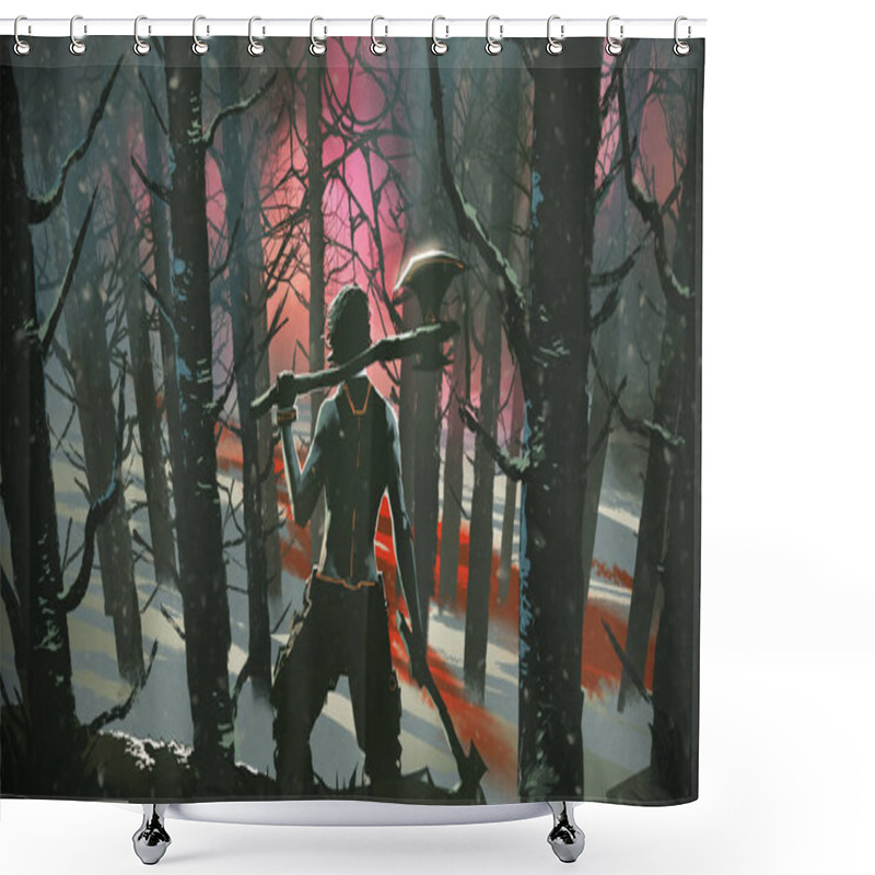 Personality  A Man Holding Axes Looking At The Red Light Deep In The Forest, Digital Art Style, Illustration Painting Shower Curtains