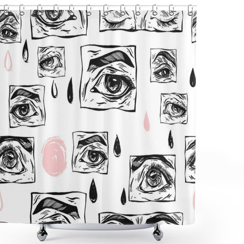 Personality  Hand Drawn Vector Abstract Flat Stock Graphic Icon Illustration Sketch Seamless Pattern With Female Mystic Eyes And Simple Textured Collage Shapes Isolated On White Background Shower Curtains