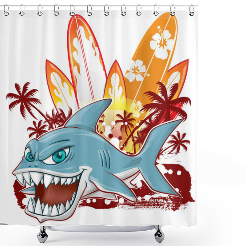 Personality  Shark Character Cartoon Over Surfboard Isolated On White Background Shower Curtains