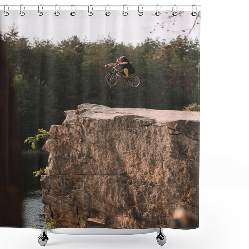 Personality  Trial Biker Jumping On Bicycle Over Rocky Cliff Outdoors In Forest Shower Curtains