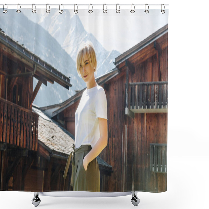 Personality  Beautiful Happy Young Woman Looking At Camera While Standing With Hand In Pocket In Mountain Village, Mont Blanc, Alps Shower Curtains